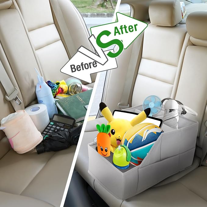Car Seat Organizer- Backseat Car Organizer with 12 Storages Compartments and 2 Cup Holders, Organizers and Storage, Front Seat for Travel Kids,Pure Gray