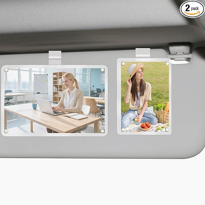 2Pcs Car Sun Visor Photo Folder, Meaningful Car Accessories for Women Acrylic Magnetic Visor Photo Clip for 3" & 4" Photos, Holiday Gifts Suitable for Gifting to Family & Friends