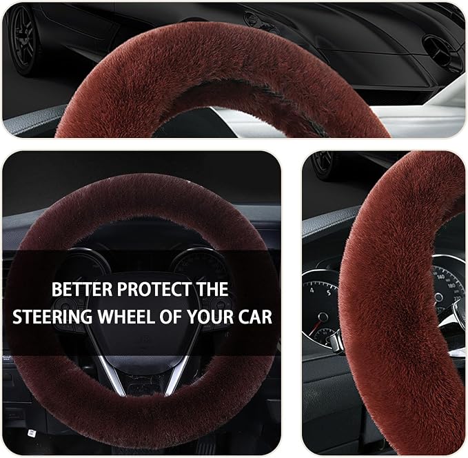 Fuzzy Steering Wheel Cover, 15 inch Soft Wool Fur Steering Wheel Protector, Fluffy Wheel Covers for Winter Warm, Car Interior Decoration Accessories for Women Men (Coffee)