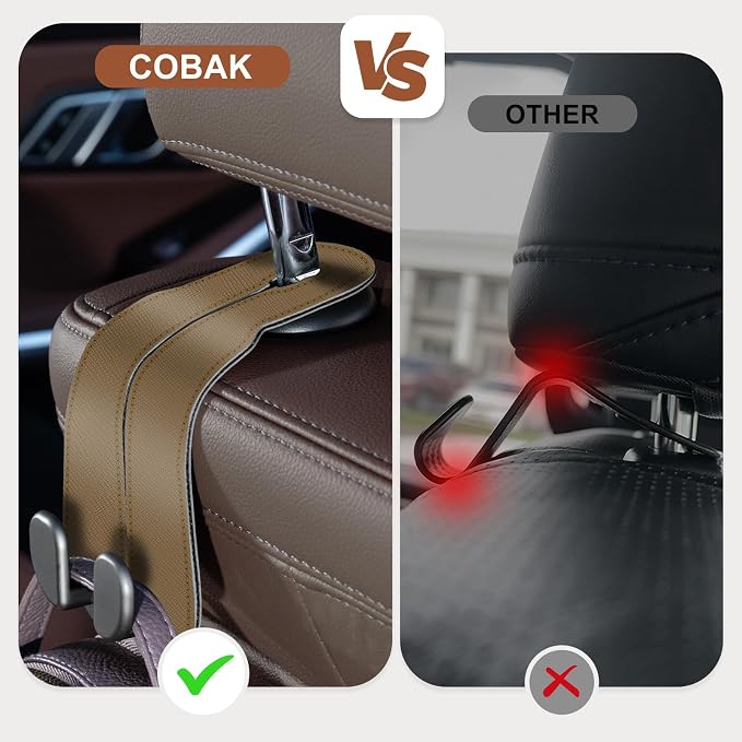 CoBak Purse Hook for Car - Universal Premium Stitched Leather and Aluminum-Magnesium Alloy Double Car Seat Back Storage Hook for Purses, Handbags, Bags (2 Pack),Khaki Beige