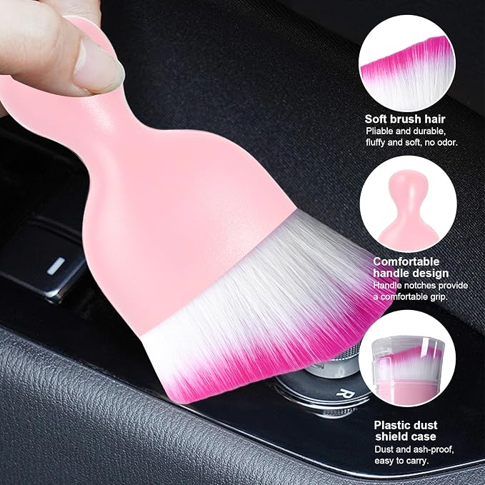 2 PCS Car Detailing Brush, Curved Soft Bristles Auto Removal Dust Collectors, Universal Vehicle Dashboard, Air Conditioner Vents etc Interior Cleaning Tool Accessories (Pink/White/Red)