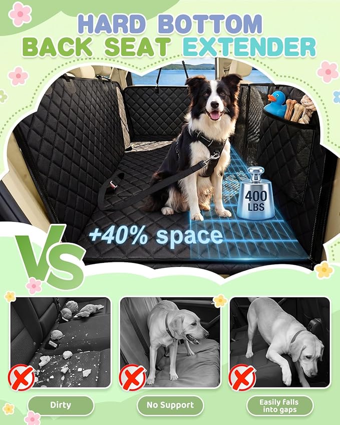 Back Seat Extender for Dogs, Dog Car Seat Cover with Detachable Hard Bottom Holds 440 LB, 600D Heavy Dog Seat Cover with Seatbelt, 100% Waterproof Backseat Extender for Sedan SUV Truck