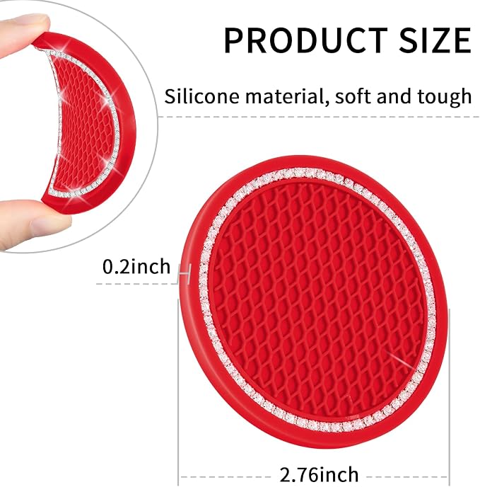Car Coasters, 4 Pack Vehicle Bling Car Coaster, Universal Rhinestone Coaster for Cup Holders, Car Interior Accessories Silicone Car Coasters for Women(2.75'' Red, White Crystal Circle)