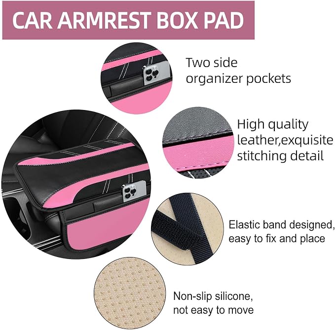 6 Pcs Pink Car Accessories Set, Sport Leather Steering Wheel Cover 14.5-15inch Universal, Microfiber Leather Car Center Console Cover, Seat Belt Cushion, Cup Holder Coaster (Black-Pink)