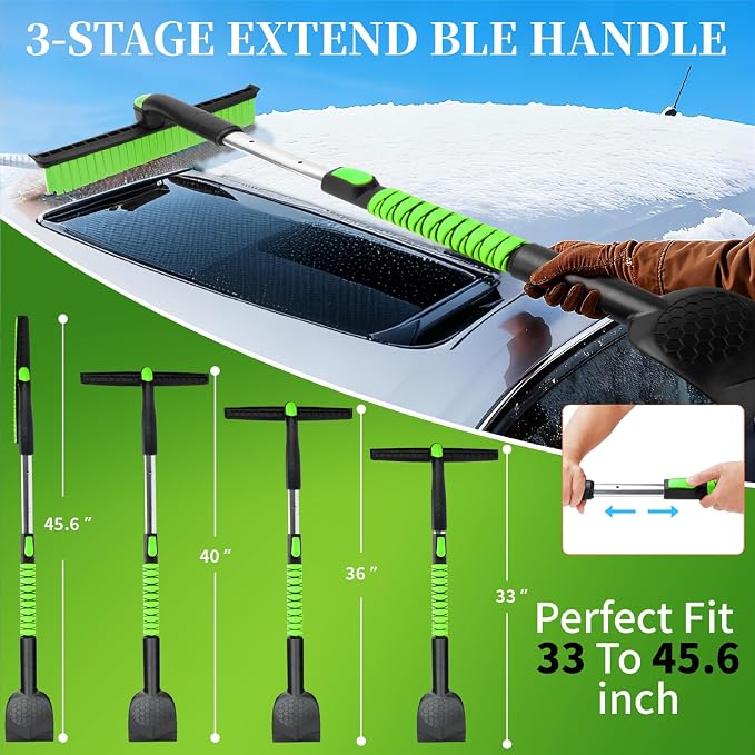 45.6" Ice Scraper and Snow Brush for Car Windshield [Silicone Bristles],3-in-1 Extendable Emergency Snow Shovel with Ergonomic Foam Grip and 360° Pivoting Brush Head for Christmas, Car Auto Truck SUV