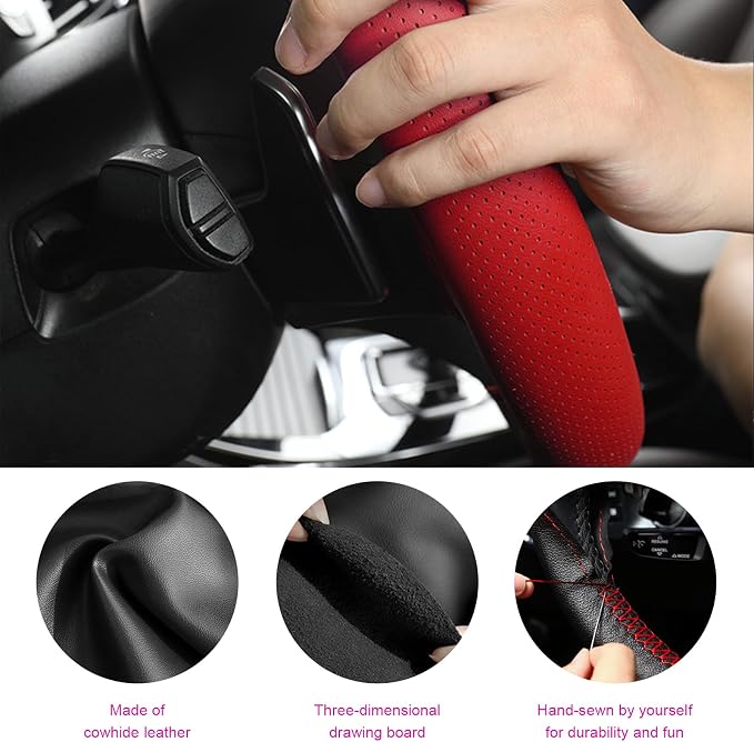 Genuine Leather Steering Wheel Cover, Stitch on Wrap, Breathable Anti-Slip Car Steering Wheel Protector for Max Diameter 15 Inch, DIY Sewing with Needles Thread (Red, Glossy)