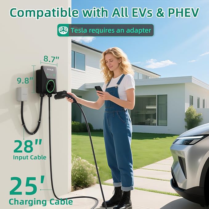 Level 2 EV Charger, 48Amp/11.5KW, J1772 Wall Electric Car Charger with Dual Temp Sensors(Exclusive), Wi-Fi(2.4 GHz), RFID, Smart App-Scheduled Charging, Hardwired, 240V, UL, ETL & Energy Star