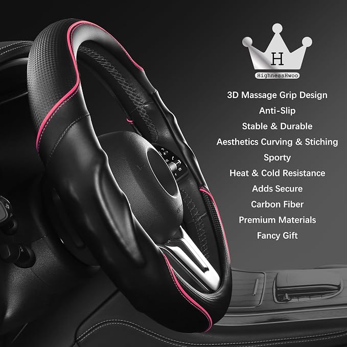 3D Car Steering Wheel Cover Comfort Grip Massage Sporty Anti-Slip Carbon Fiber Faux Leather for F150, Trucks, Jeep, Van, Car Handle Covers for All Seasons, 15.2-16in, Pink