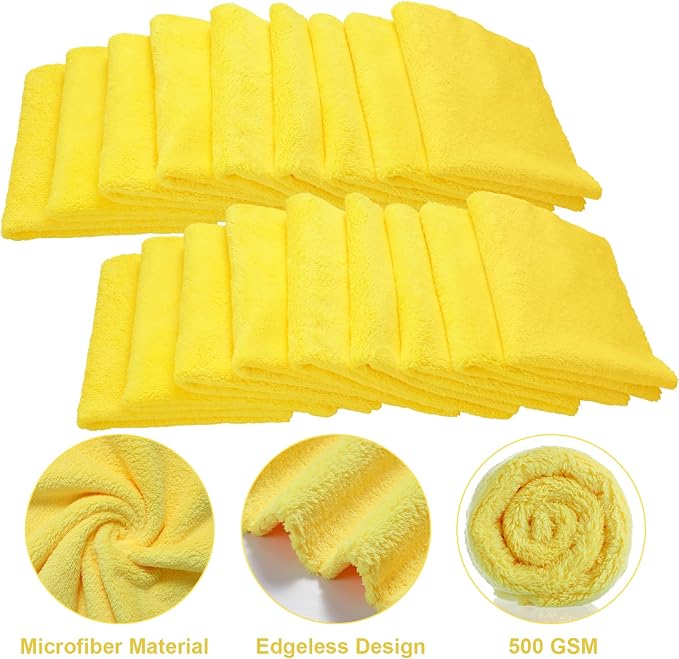 30 Pcs Edgeless Microfiber Plush Towels for Cars Detailing Drying Wash Polishing Absorbent Cleaning Cloths, 500 GSM (16 x 16 Inch,Yellow)