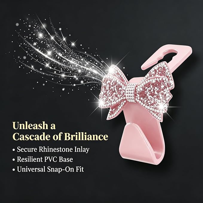 2PCS Bling Bow Car Seat Headrest Hooks, S Type Crystal Rhinestone Bowknot Auto Seat Back Storage Hooks, Diamond Cute Bow Vehicle Storage Organizer, Universal for Purses Bags Groceries(Pink)