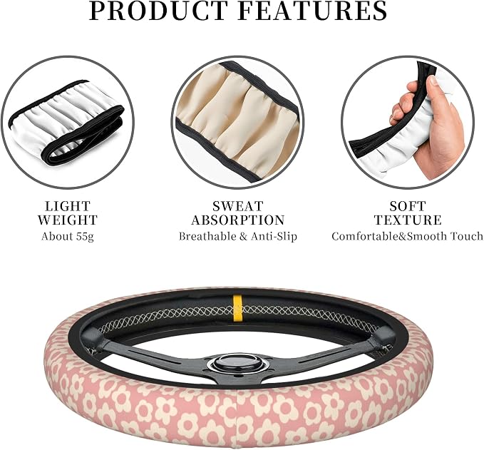 Vintage Pink Flower Steering Wheel Cover Cute Universal 15 Inch Car Accessories Protector for Women Fit Auto SUV Sedan Vans Trucks