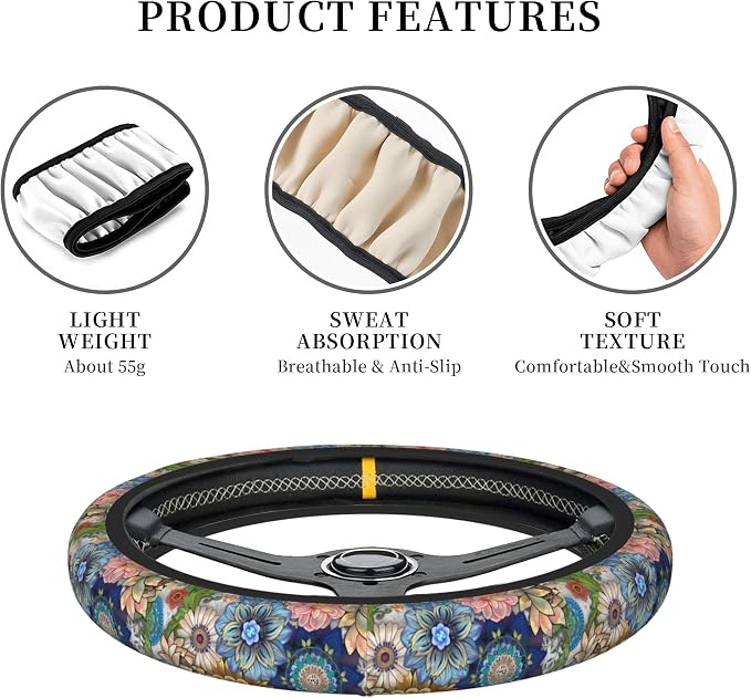 Colorful Boho Floral Bright Blossoms Print Cute Steering Wheel Cover for Women,Car Accessories Interior Decor Universal for SUV Sedan Trucks (15 Inch)