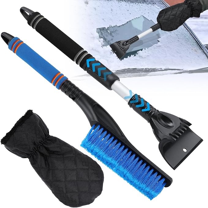 Snow Brush & Ice Scraper for Car Windshield with Glove - 16.5"-23" Extendable Snow Scraper Long Handle Brush Warm Glove Kit for Remove Quickly Automotive/Cars/Trucks/SUVs