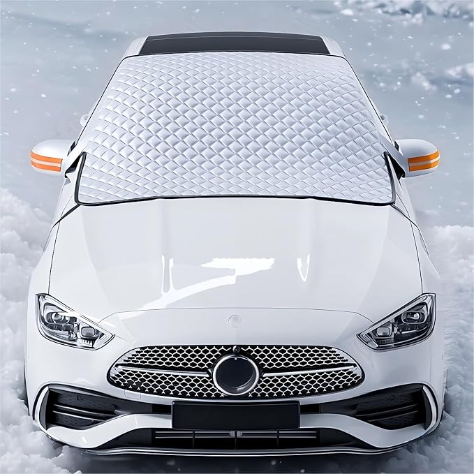 All-Weather Windshield Cover for Winter Ice & Snow and Summer Sun, 4-Layer Windproof Windshield Protector with Mirror Covers & Door Flaps, Universal Fit for Cars SUVs Trucks Vans (91” x 47”)