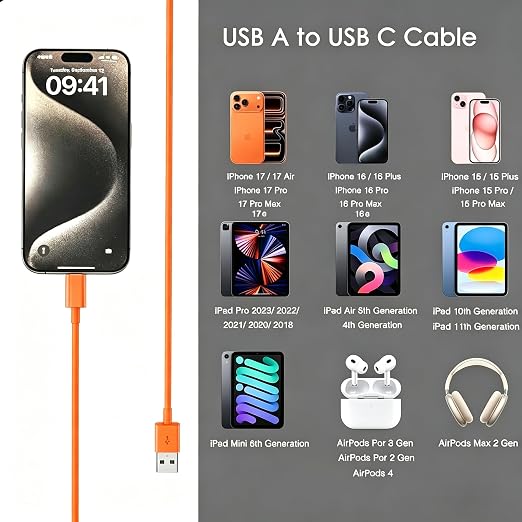 Orange iPhone 17/17E Car Carplay Cable for iPhone 17/16/15, 15/16/17 Pro Max 15 16 Plus Charging Cable, USB A to USB C Cord for iPad 10th Gen iPad Pro, Air 5th 4th Mini 6th Replacement Cord (1.5 FT)