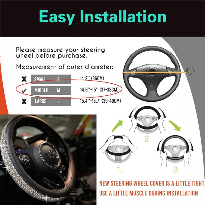 Bling Bling Comfy Steering Wheel Cover with Jumbo Crystal Rhinestones, Anti-Slip Diamond Leather, Universal 15 Inch (Silver)
