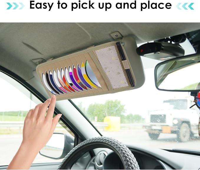 Trinkrittey CD Visor Holder for Car, Vehicle Sun Visor Organizer Large Capacity CD Holder with 12 DVD Storage Sleeves 1 Mesh Pocket 1 Pen Holders and Elastic Strap