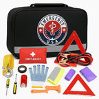 Roadside Car Emergency Kit - First Aid Set, Jumper Cables, Tow Strap, LED Flash Light, Rain Coat, Tire Pressure Gauge, Safety Vest and More (Black)