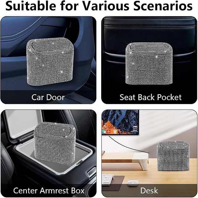 Car Trash Can with Lid, Bling Crystal Mini Vehicle Trash Bin Car Dustbin Garbage Organizer, Automotive Garbage Can Bin Trash Container for Auto Cars, Home, Office - White …