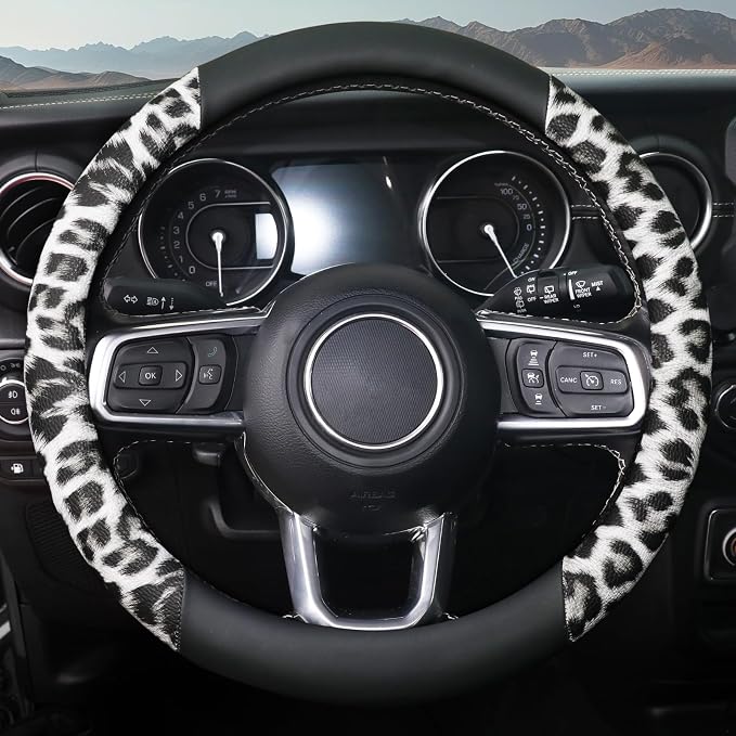 White Leopard Steering Wheel Cover, Universal 14.5-15 inch Breathable Microfiber Leather Anti-Slip Car Steering Wheel Protector for Women Men,Fit for Most Car, Trucks, SUV