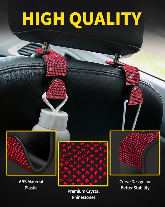 4 Pack Blink Diamond Car Seat Headrest Hooks Crystal Rhinestone Car Purse Holder Universal Interior Accessories for Handbags, Water Bottles, Coats, Umbrellas, Red