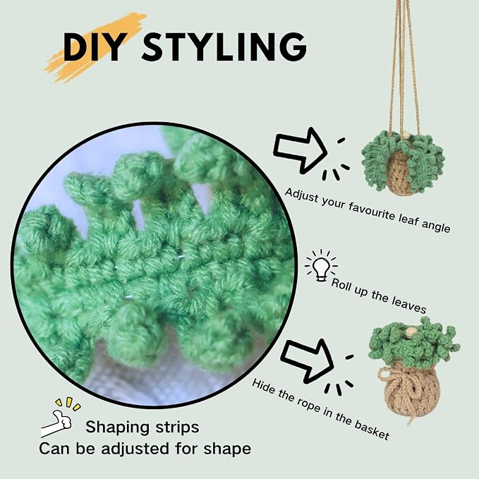 Handmade Crochet Hanging Car Air Freshener - Botanical Fern Leaf Design with 12ml Refillable Glass Essential Oil Bottle, Long-Lasting Car Diffuser & Nature-Inspired Decor