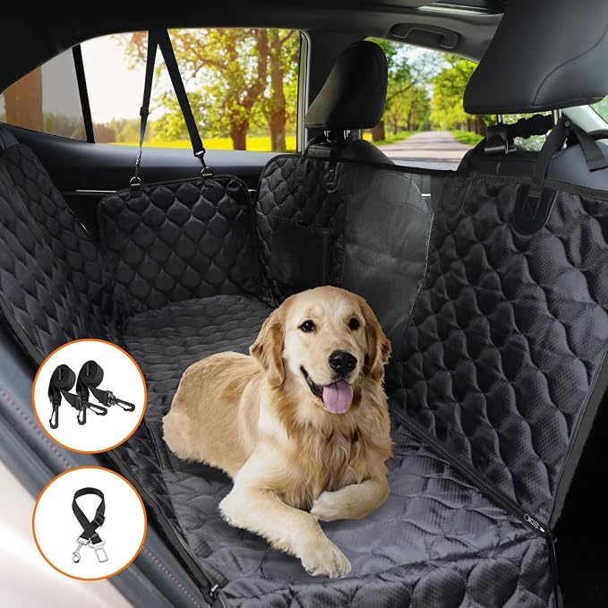 Dog Car Seat Cover with Mesh Window, 100% Waterproof Pet Seat Cover for Back Seat, Scratchproof Dog Hammock for Cars, Trucks, SUVs, Jeeps, Black