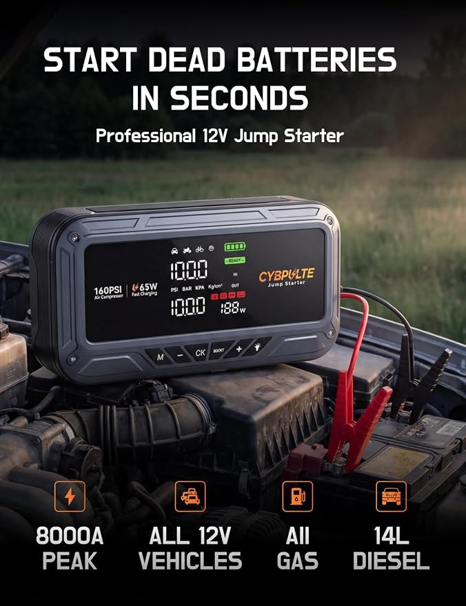 Jump Starter with Air Compressor, 8000A 160 PSI, 65W USB-C Fast Charging, Portable Car Battery Jumper for 12 Gas/14L Diesel, All-in-One Emergency Jump Box