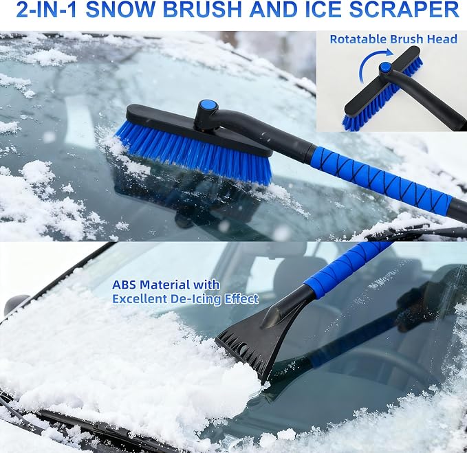 26" Snow Brush & Ice Scraper for Car Windshield and Window | 2 - in - 1 Winter Tool with Premium Bristles for Cars/SUVs/Trucks — Rotating Head, Heavy - Duty ABS | Ergonomic Foam Grip (FrostHug Blue)