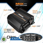 MDX1200.4 2 Ohm Mini 4 Channel Car Audio Amplifier 4 x 300 Watts RMS at 2 Ohm - 1200 Watt 12 Volts Bridgeable Amp for Powersports, Motorcycles, ATV, for High Power Stereo Speaker Systems
