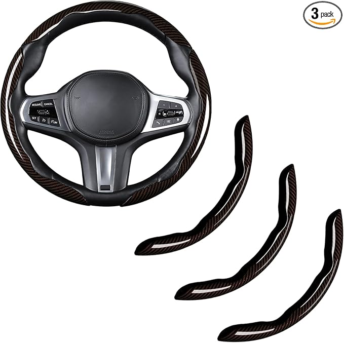 Carbon Fiber Steering Wheel Cover, Snap on Car Steering Wheel Cover Set Accessories 3pcs Wrap Grip Non Slip Protector Universal Glossy Brown