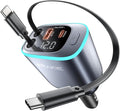USB C Cable iPhone Car Charger, Retractable Fast USB C Phone Charger, Cigarette Lighter Adapter with 2 USBC Cables 25 Inch and 2 USB Ports, Multi Port Car Charging for iPhone 17/16/15/Pro Max-Gray