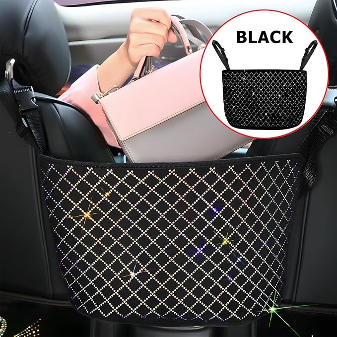 Bling Car Net Pocket Handbag Holder, Rhinestone Vehicle Backseat Purse Organizer Between Seats, Diamond Hanging Storage Bag Barrier of Pet Kids, Universal Automotive Accessories (Black)