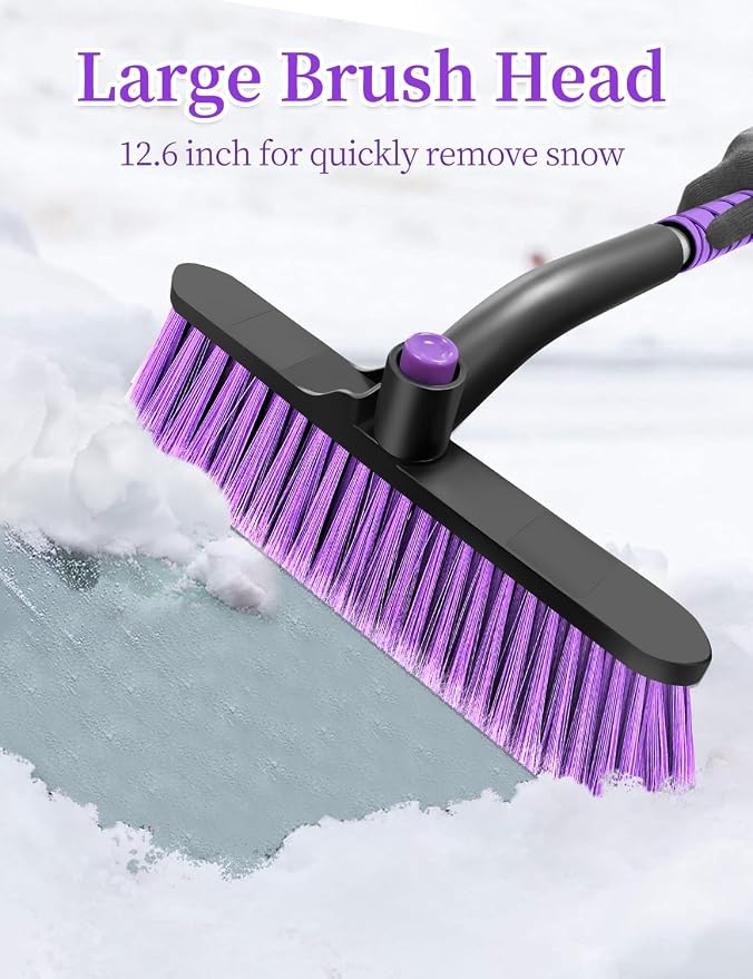 42.5 Inch Car Scraper Snow Brush, 12.6 Inch Large Brush Head with Ice Scraper for Window Windshield, Portable Snow Scraper for SUV Truck Vehicle RV Auto - Purple
