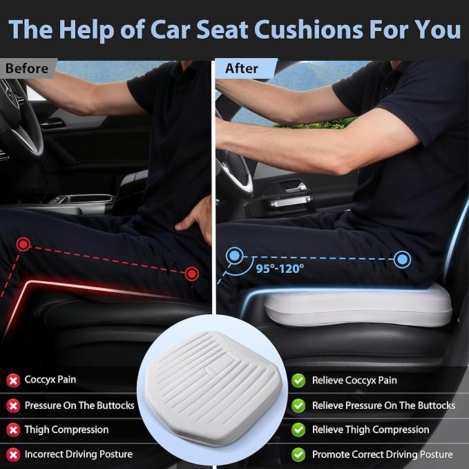 Nappa Leather Car Seat Cushion, Comfort Memory Foam, White | Waterproof, Non-Slip, Hand-held, Driver Seat Cushion for Long Driving, Fits Cars, Trucks, SUVs, Office Chairs, Wheelchair