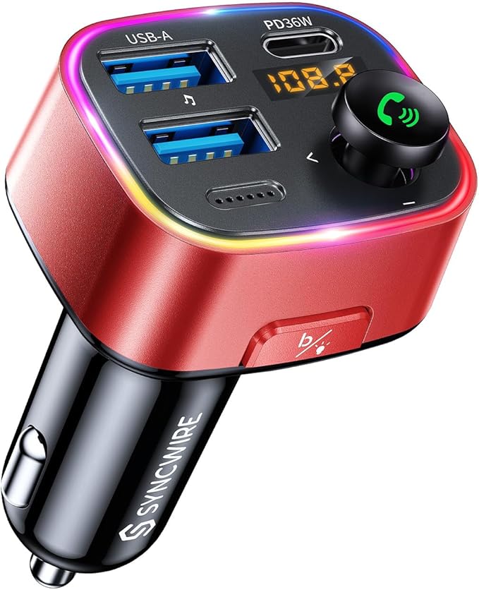 Bluetooth 5.4 FM Transmitter Car Adapter 48W (PD 36W & 12W) [Light Switch] [Hi-Fi Deep Bass] [Fast Charge] Wireless Radio Music Adapter LED Display Hands-Free Calling Support USB Drive, Red
