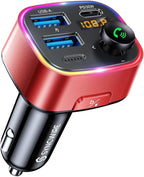 Bluetooth 5.4 FM Transmitter Car Adapter 48W (PD 36W & 12W) [Light Switch] [Hi-Fi Deep Bass] [Fast Charge] Wireless Radio Music Adapter LED Display Hands-Free Calling Support USB Drive, Red