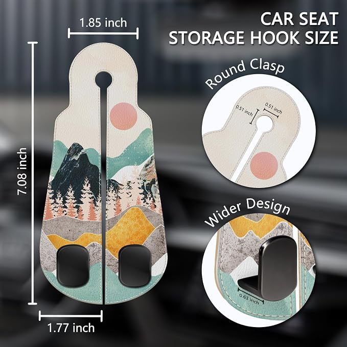 2PCS Car Seat Back Storage Headrest Hooks, Sunrise Purse Holder Bags Hanger, PU Leather Double Metal Hook for Backseat Organizer, Women Car Accessories Organization