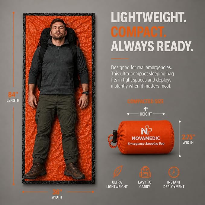 Emergency Sleeping Bag – 84"x36" Thermal Mylar Survival Bivy Sack – Waterproof, Lightweight & Compact Emergency Blanket for Camping, Hiking, Outdoor Survival & Travel