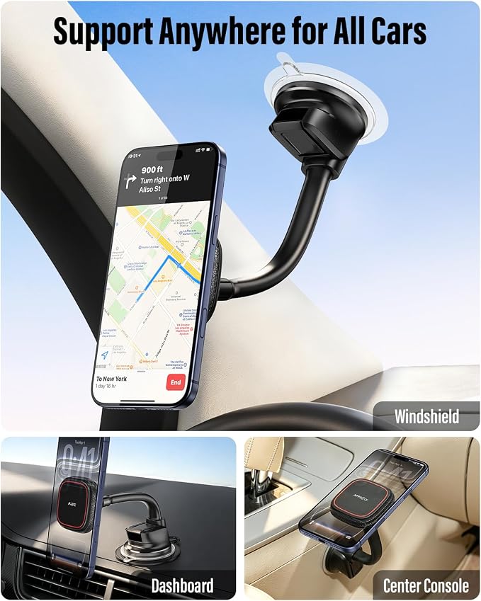 Upgraded for MagSafe Car Mount, Magnetic Car Phone Holder with Flexibile Gooseneck Arm, Suction Cup Holder for Windshield Window Dashboard, Fit for iPhones Smartphones