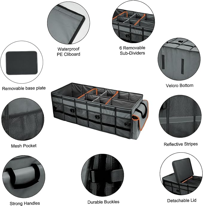Car Trunk Organizer and Storage with Removable Leakproof Cooler Bag, 6 Removable Dividers for Custom Space, Collapsible Trunk Storage with Non Slip Bottom, Foldable Cover for SUV, Jeep, MPVs
