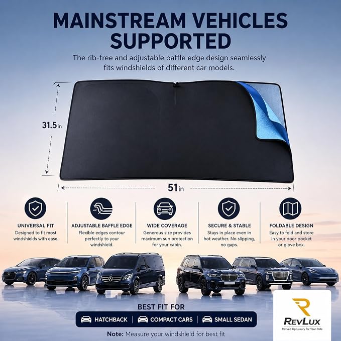 [2026 Upgrade] RevLux Car Windshield Sun Shade | Keeps Car Cool, Sun & Heat Protection | Double Thickened Ice-Core Cooling Fabric | Zero Light Leakage | Foldable Sunshade (Compact - 51"x31")