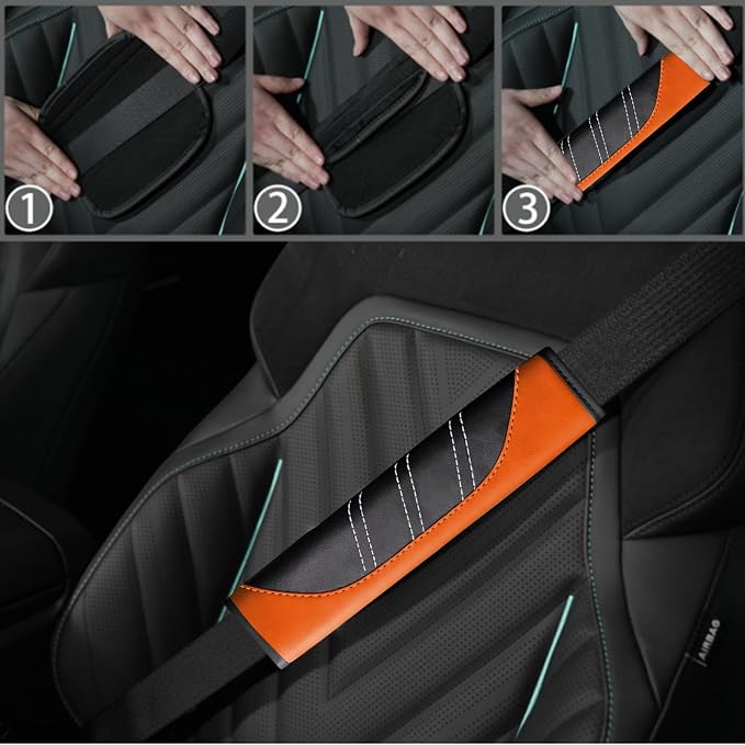 6 Pcs Orange Car Accessories Set, Sport Leather Steering Wheel Cover 14.5-15inch Universal, Microfiber Leather Car Center Console Cover, Seat Belt Cushion, Cup Holder Coaster (Black-Orange)