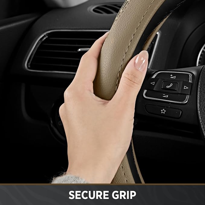 Steering Wheel Cover - Flat Bottom Wheel Cover Made with PVC Leather and Leopard Fabric - Universal Fit for 15-Inch D-Shaped Automotive Steering Wheels (Beige Color)