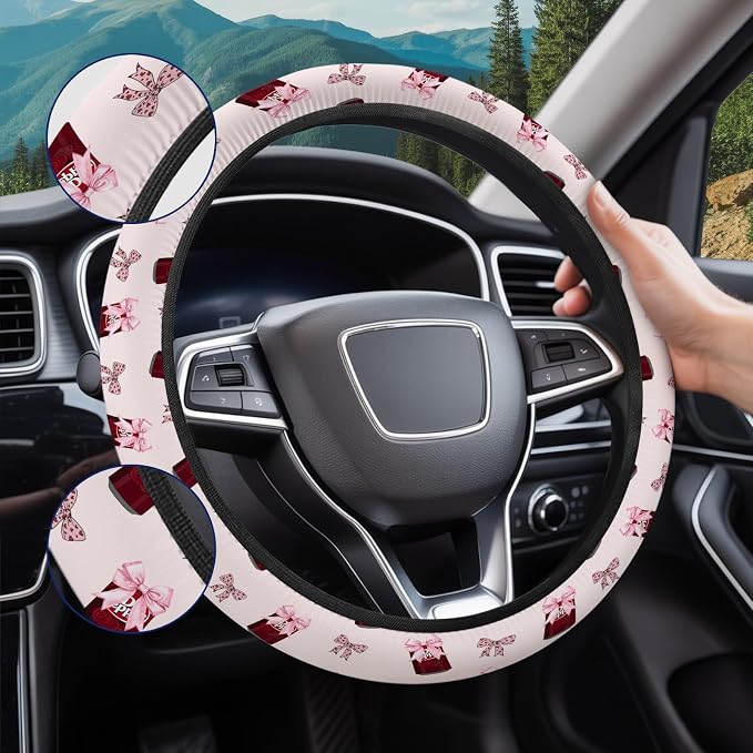 Retro Red Soda Bow Steering Wheel Cover, Polyester Non-Slip Car Wheel Grip, Universal 15 Inch Auto Accessory