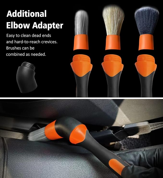 3pcs Car Detailing Brush Set, Boars Hair Detailing Brushes, Ultra Soft Detail Brush for Air Vent Leather Seat, Scratch Free Car Detailing Brushes for Interior Exterior, Orange