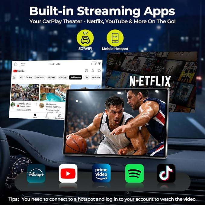 LAMTTO 9" Apple CarPlay Screen with Backup Camera & Streaming Apps | Portable 9-inch display for safer parking, preloaded Netflix YouTube & Bluetooth audio for on-the-go entertainment