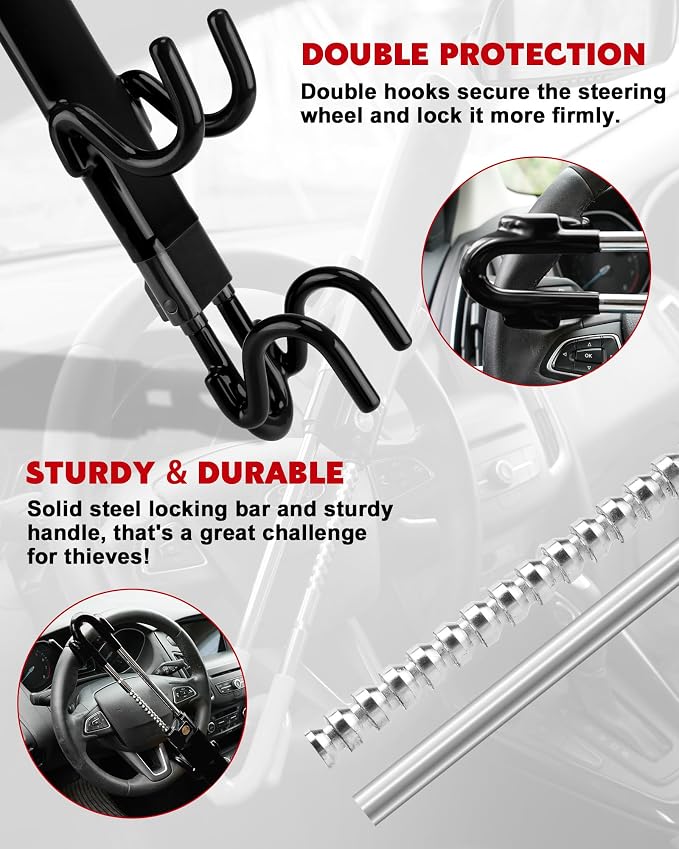 Steering Wheel Lock Anti-Theft Car Device Heavy Duty Security Car Lock Antitheft Locking Devices Great Deterrent Adjustable Car Wheel Lock Anti Theft for Vehicle Truck with 3 Keys(Black)
