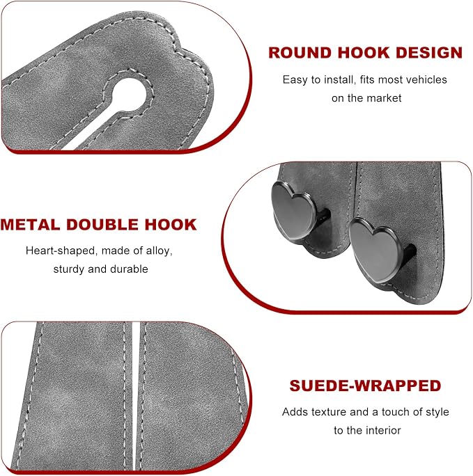 2 PCS Car Seat Headrest Hook, Suede Heart Shape Auto Double Seat Back Purse Storage Hook, Cute Backseat Organizer Universal Bag Holder Most Vehicles, Car Accessories (Gray)