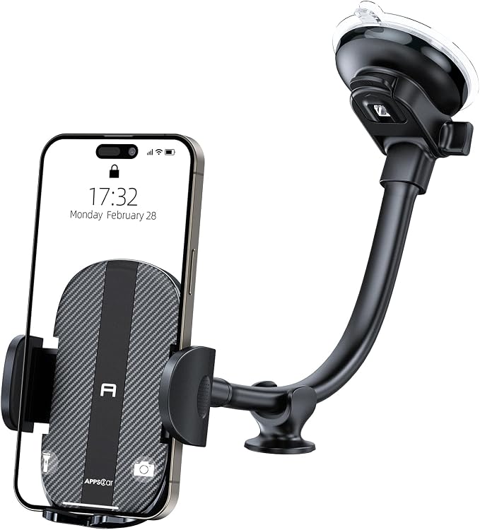 Gooseneck Car Phone Holder Heavy Duty Dashboard Windshield Phone Mount, Flexible Long Arm, Anti-Shake Stabilizer, Solid Suction Cup Phone Mount for All Cell Phones - Carbon Fiber Pattern